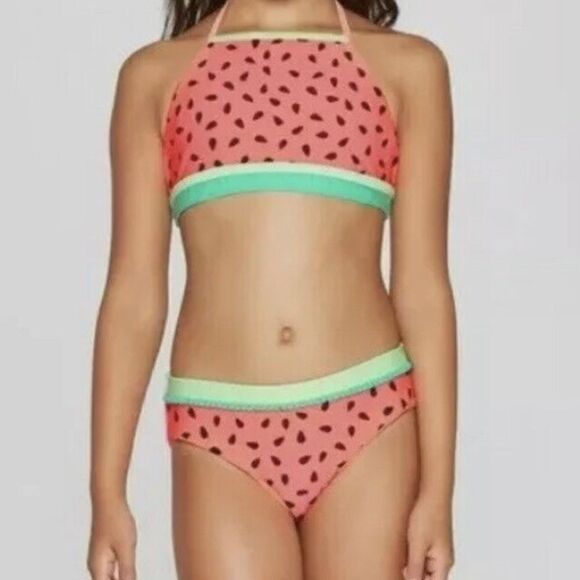 Cat & Jack Girls Seeds and Stripes Bikini Coral XXL 18 - Picture 1 of 7